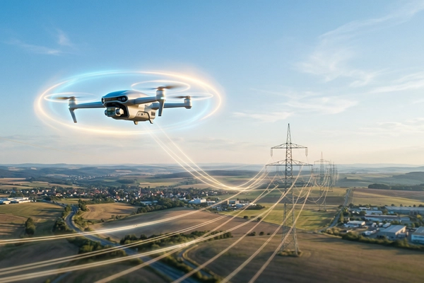 Hero banner illustration for "Drones That Charge on Power Lines: The Race to Automate Grid Inspection"