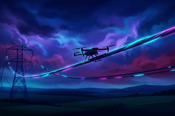 Hero banner illustration for "Self-Charging Drones That Feed Off Power Lines Target $3B Grid Market"