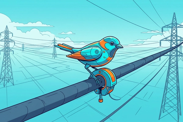 Hero banner illustration for "Self-Charging Drones That Power from Transmission Lines Take Flight"