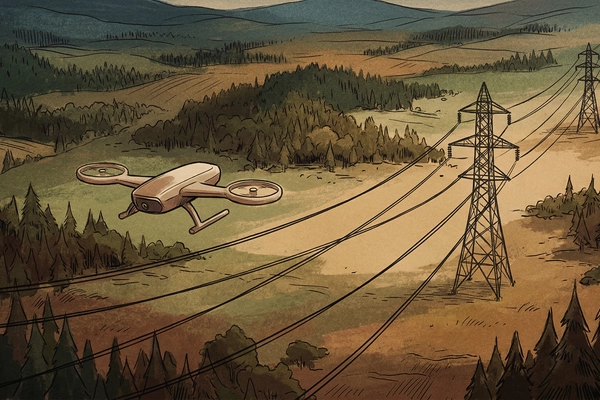 Hero banner illustration for "Self-Charging Drones Land on Power Lines for Infinite Grid Monitoring"
