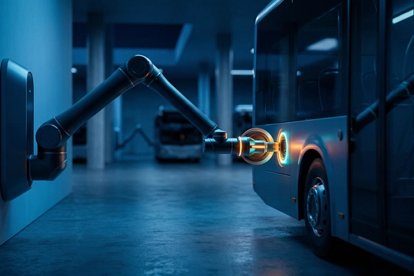 Hero banner illustration for "RoboDock Debuts Robots to Automate Electric Fleet Charging"