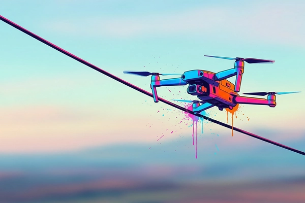 Hero banner illustration for "Voltair's Drones Charge on Power Lines for Infinite Range"