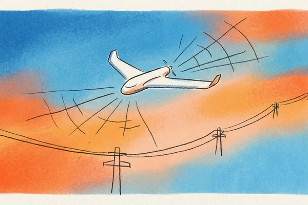 Hero banner illustration for "Voltair's Self-Charging Drones Target Infinite Range for Grid Inspections"