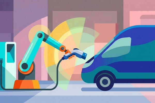 Hero banner illustration for "YC-Backed RoboDock Automates EV Fleet Charging with Robotics"