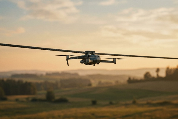 Hero banner illustration for "Voltair's Power Line-Charging Drones Promise Infinite Range for Utilities"