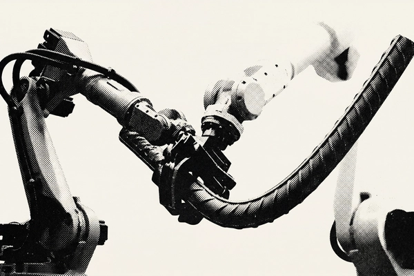 Hero banner illustration for "MESH Robotics Lands ABB, Shimizu Backing in Construction Tech Push"