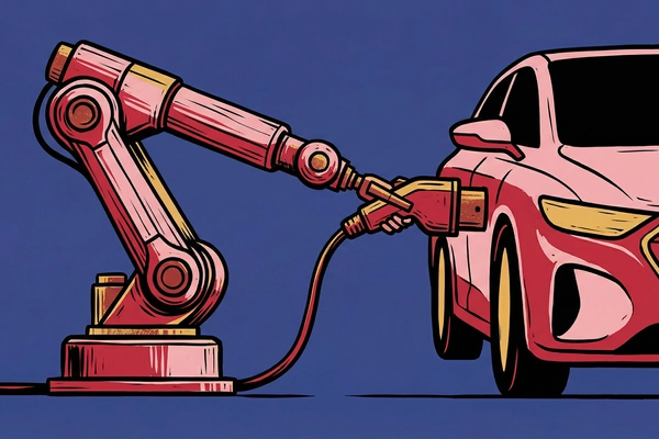 Hero banner illustration for "YC-Backed RoboDock Launches Robot Arms to Automate EV Fleet Charging"