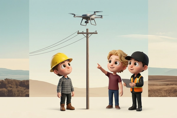 Hero banner illustration for "Voltair Launches Self-Charging Drones for Power Grid Monitoring"