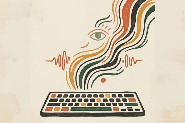 Hero banner illustration for "Why Startup Founders Are Ditching Keyboards for Voice & Vision AI"
