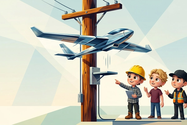 Hero banner illustration for "Voltair Launches Autonomous Drones That Charge on Power Poles"