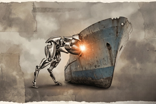 Hero banner illustration for "Path Robotics' AI Welder Goes Mobile with Shipyard Partnerships"