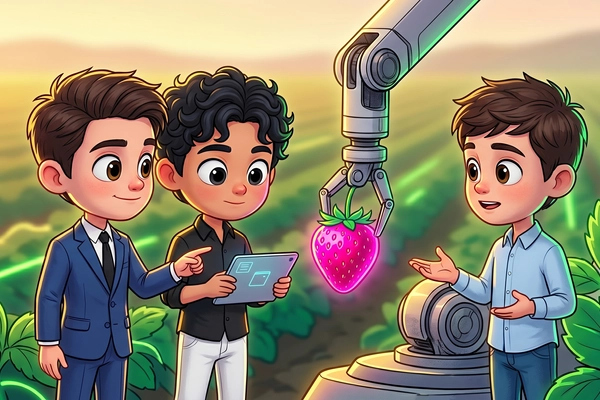 Hero banner illustration for "YC's Synphony Launches Strawberry Robots for $3B California Market"