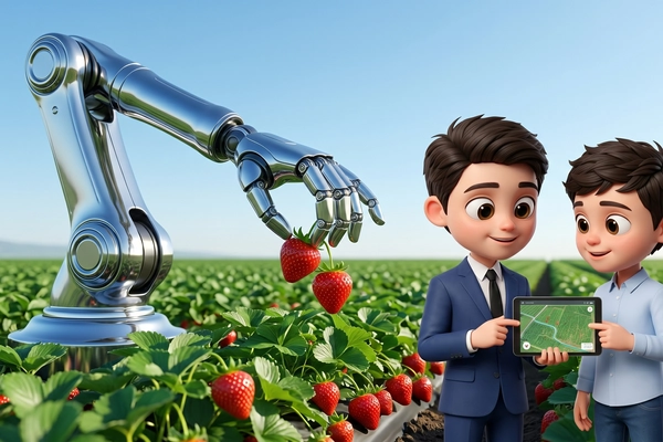 Hero banner illustration for "YC-Backed Synphony Deploys Strawberry Robots in $3B California Market"