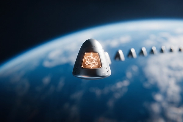 Hero banner illustration for "Space Manufacturing's Bottleneck: The Race to Bring Products Home"