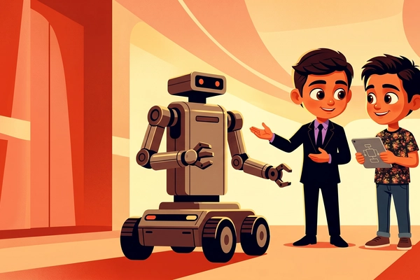 Hero banner illustration for "YC-Backed OS3 Deploys Semi-Humanoid Robots in Hotels With 2-Person Team"