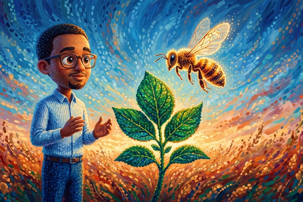 Hero banner illustration for "The Race to Build Pesticides That Save Bees, Not Kill Them"