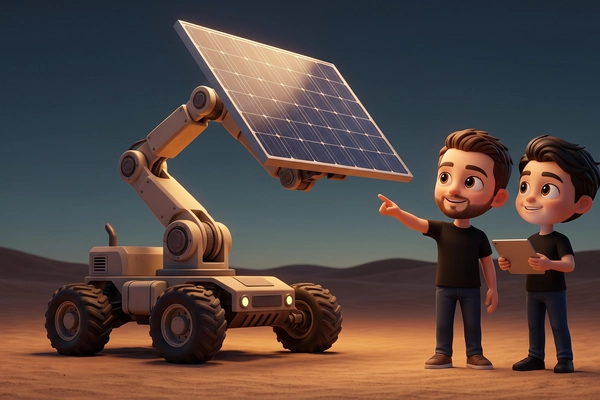 Hero banner illustration for "Cosmic Robotics Brings Autonomous Heavy-Lift Robots to Solar Farms"