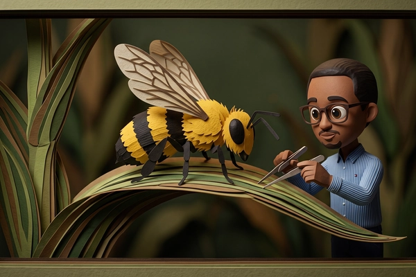 Hero banner illustration for "Precision Biopesticides Target Pests, Spare Pollinators"