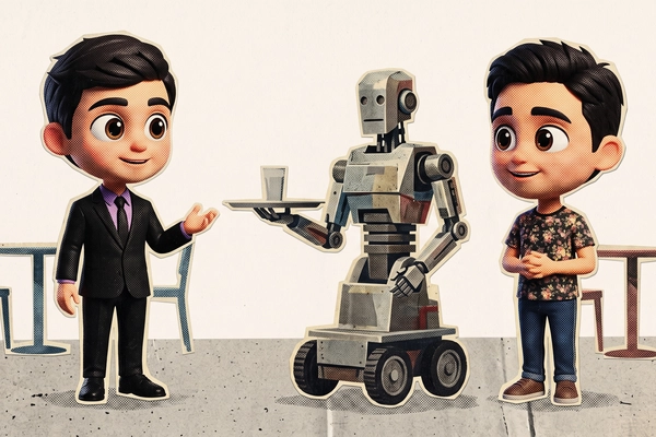 Hero banner illustration for "YC-Backed OS3 Deploys Semi-Humanoid Robots in Hotel Operations"