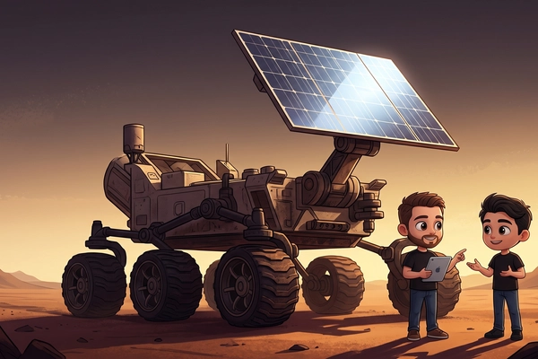 Hero banner illustration for "YC's Cosmic Robotics Doubles Solar Farm Productivity—Then Mars"