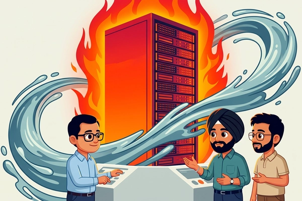 Hero banner illustration for "KühlTherm Unveils Made-in-India Liquid Cooling for AI Data Centers"