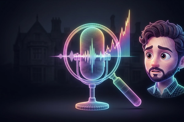 Hero banner illustration for "WhoDunnitAI launches voice-driven murder mystery game"
