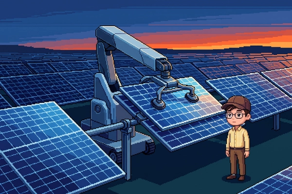 Hero banner illustration for "Libra Robotics launches robot squads for solar farms"