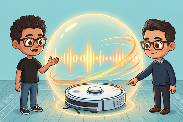 Hero banner illustration for "Matic adds voice control to robot vacuum challenging Dyson"