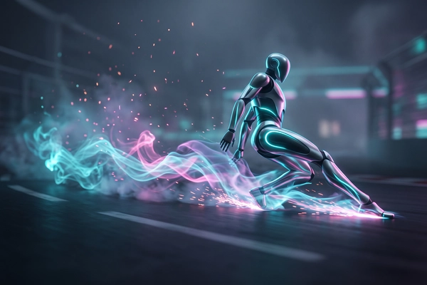 Hero banner illustration for "Humanoid robot runs 100m in 8.64s at Beijing games"