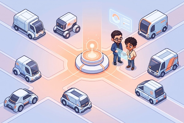 Hero banner illustration for "Destro AI raises $8M to coordinate warehouse robot fleets"