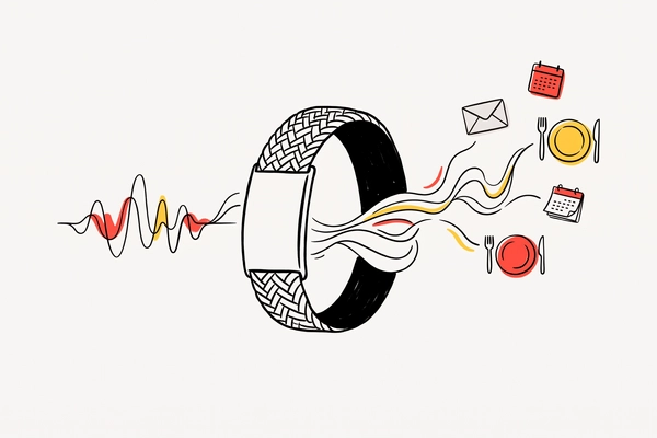 Hero banner illustration for "Vexo launches $199 AI bracelet that acts without prompts"