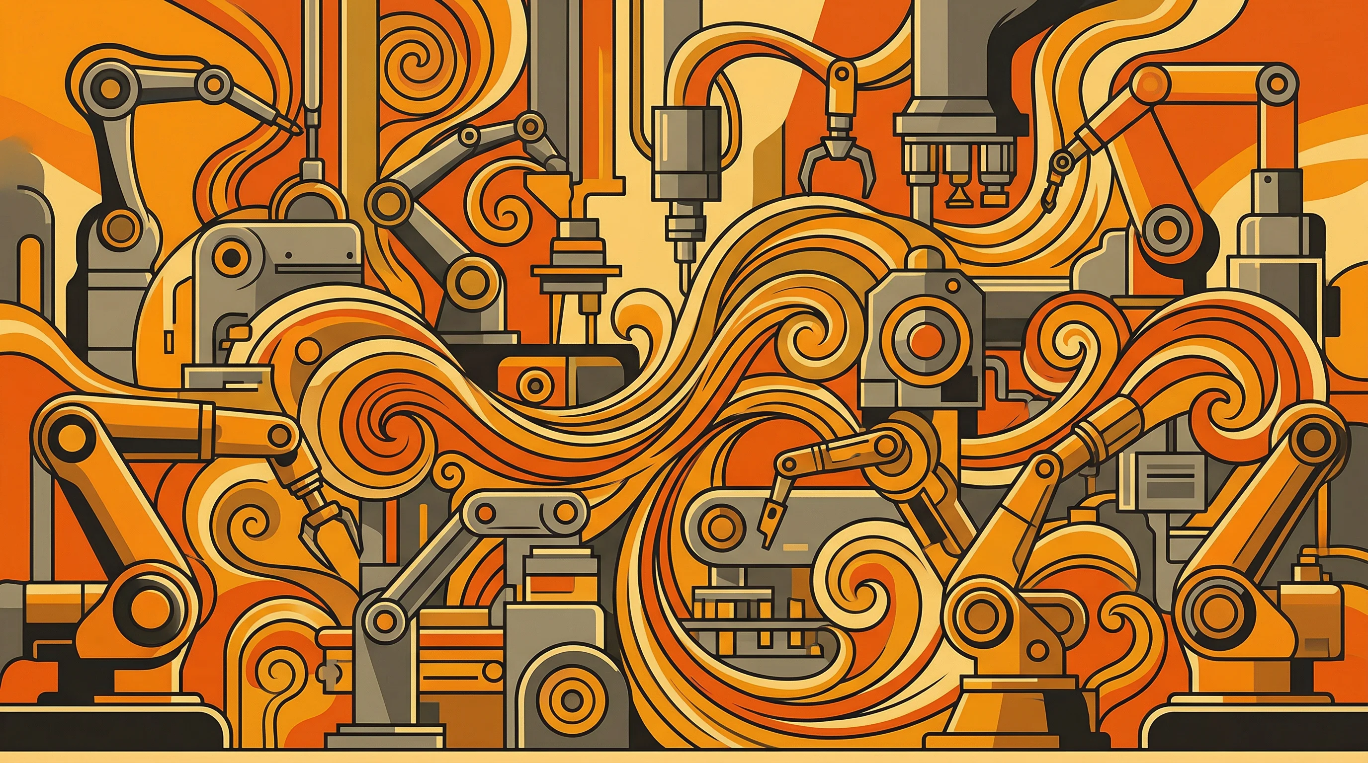 Digital illustration for article section "A Very Crowded Window" in "Juna AI Launches Factory OS to Automate Industrial Plants with AI Agents" - A conceptual illustration depicting the crowded landscape of agentic AI in manufacturing, visualized...