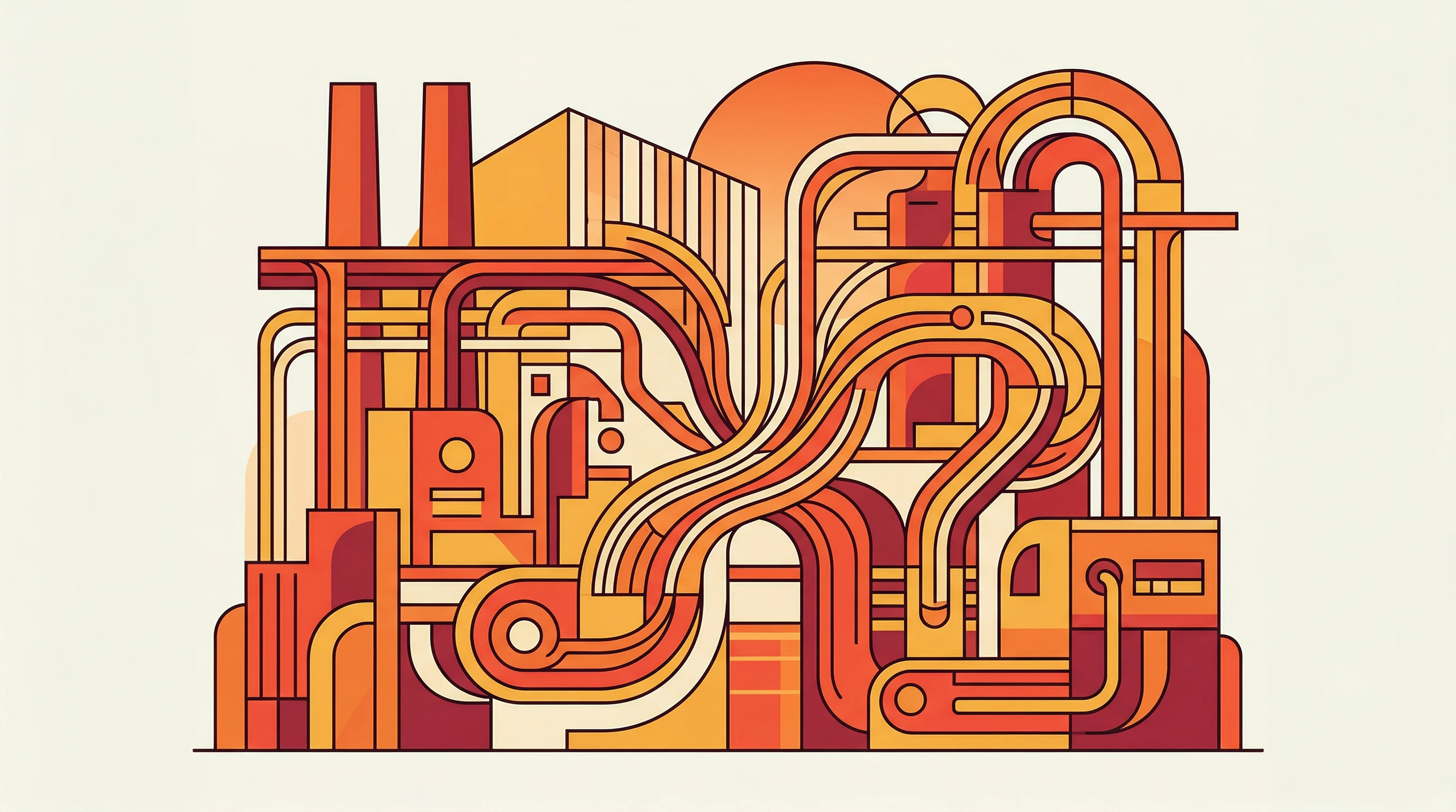 Digital illustration for article section "The Bet on Orchestration" in "Juna AI Launches Factory OS to Automate Industrial Plants with AI Agents" - A striking vintage poster illustration representing the orchestration of agentic AI in manufacturing...