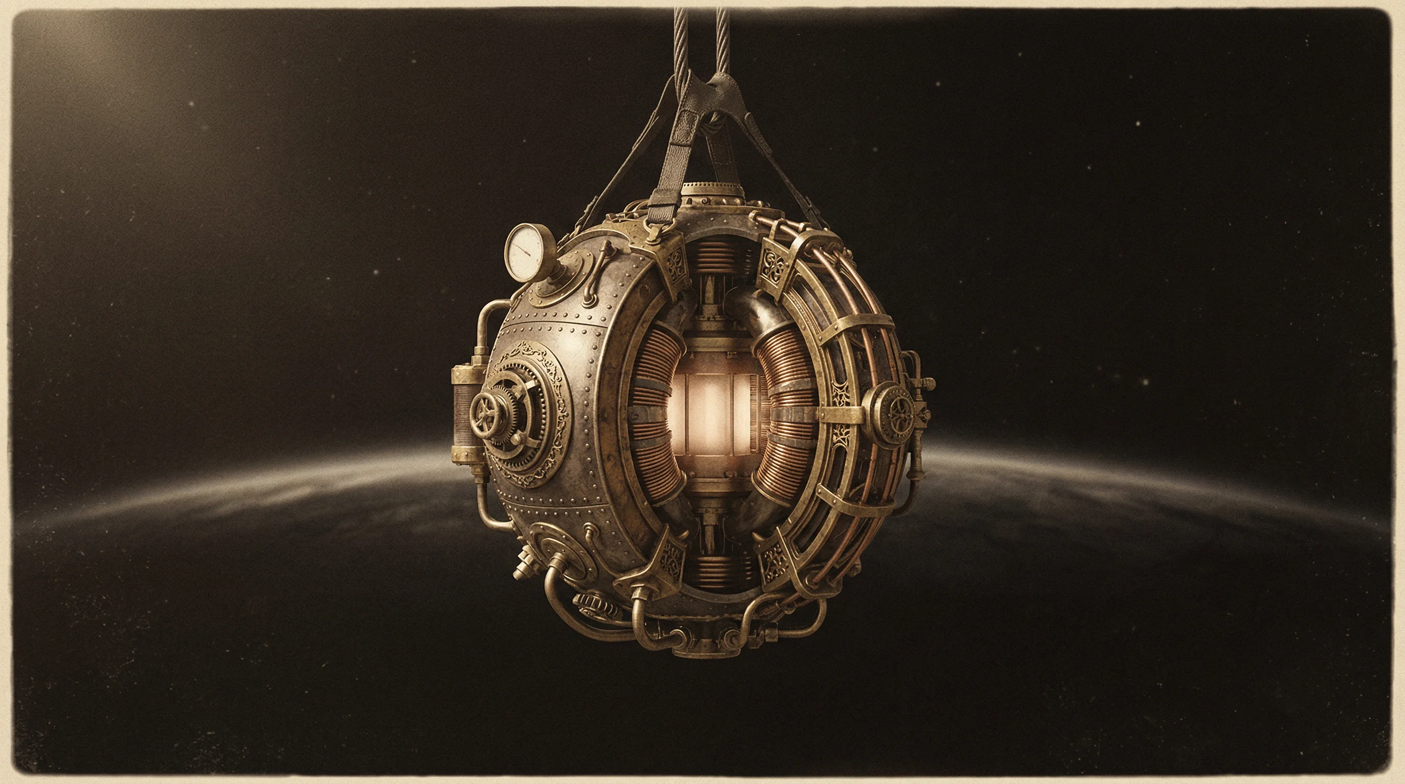 Digital illustration for article section "The Pitch: Let Space Do the Heavy Lifting" in "YC-Backed Zephyr Fusion Pitches Orbital Fusion Reactors at Demo Day" - A detailed visualization of a compact magnetic-dipole confinement reactor suspended in the vast, ope...