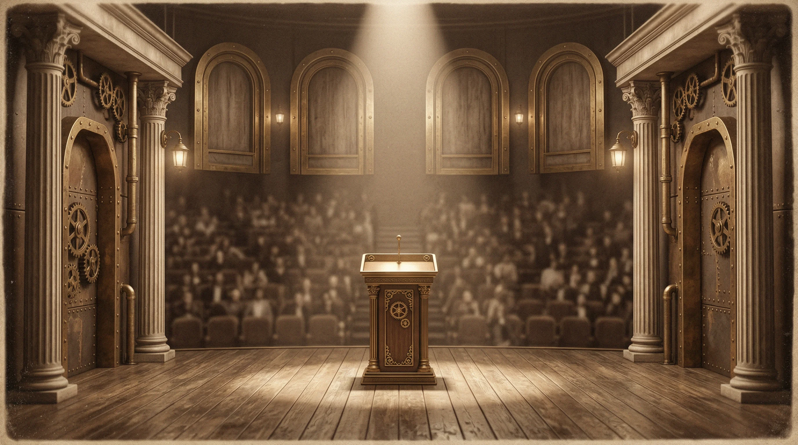Digital illustration for article section "Standing Out in a Sea of SaaS" in "YC-Backed Zephyr Fusion Pitches Orbital Fusion Reactors at Demo Day" - A sophisticated, wide-angle view of a grand physical event stage designed to represent the return of...