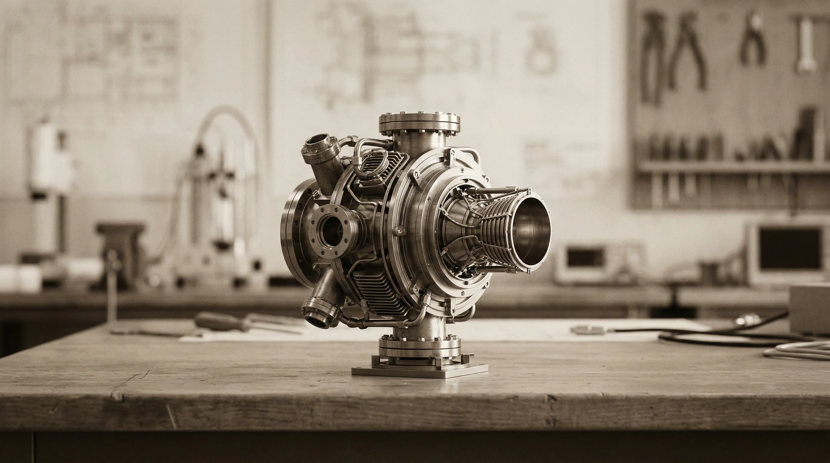 Digital illustration for article section "Betting on Physics" in "YC-Backed Zephyr Fusion Pitches Orbital Fusion Reactors at Demo Day" - A sophisticated, high-tech satellite propulsion component rests on a precision engineering workbench...