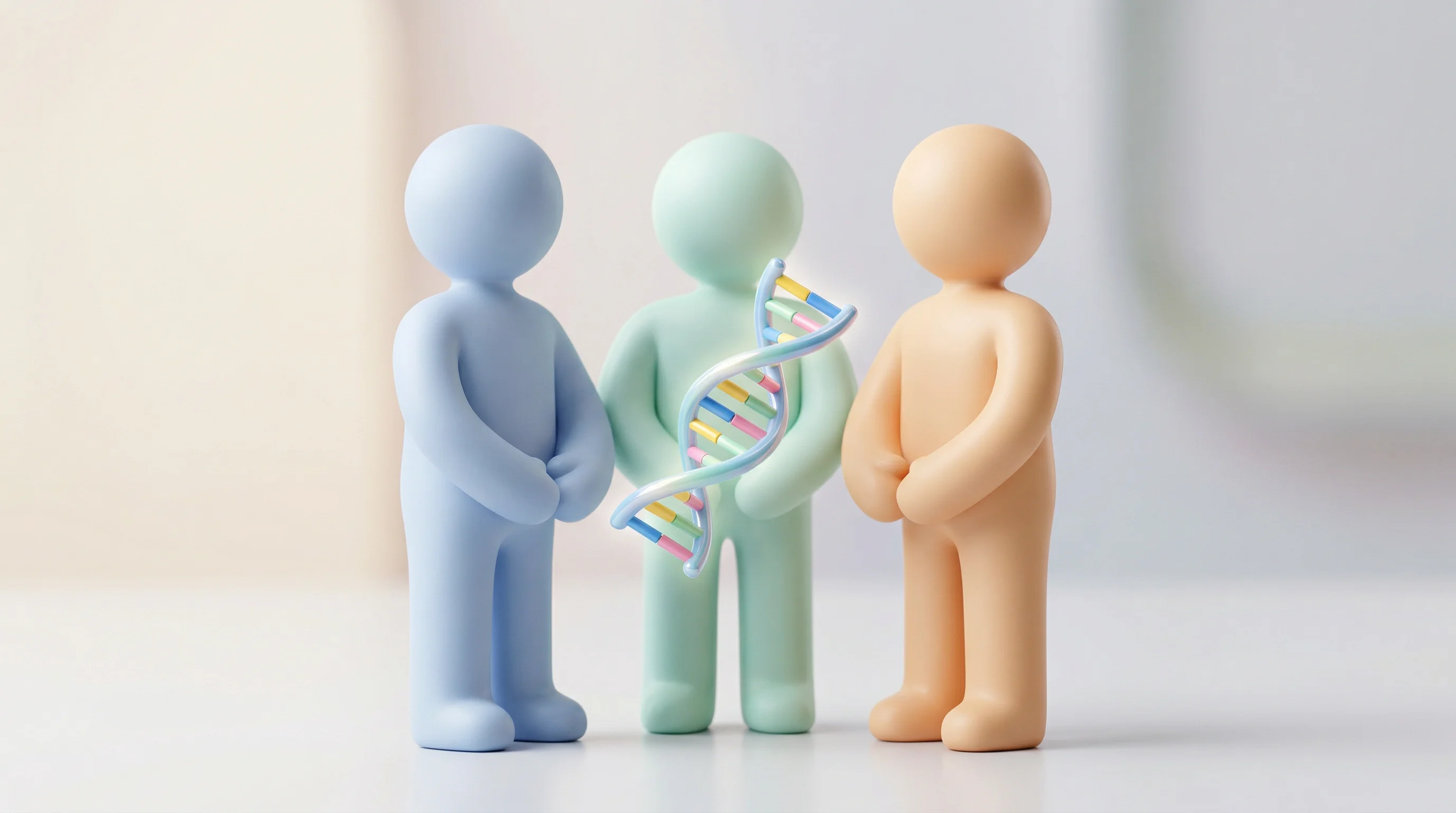 Digital illustration for article section "Who's Behind It—and Who's Alongside" in "How Parasite Proteins Are Becoming Autoimmune Drugs" - A minimalist 3D composition depicting three stylized, abstract figures standing in a unified formati...