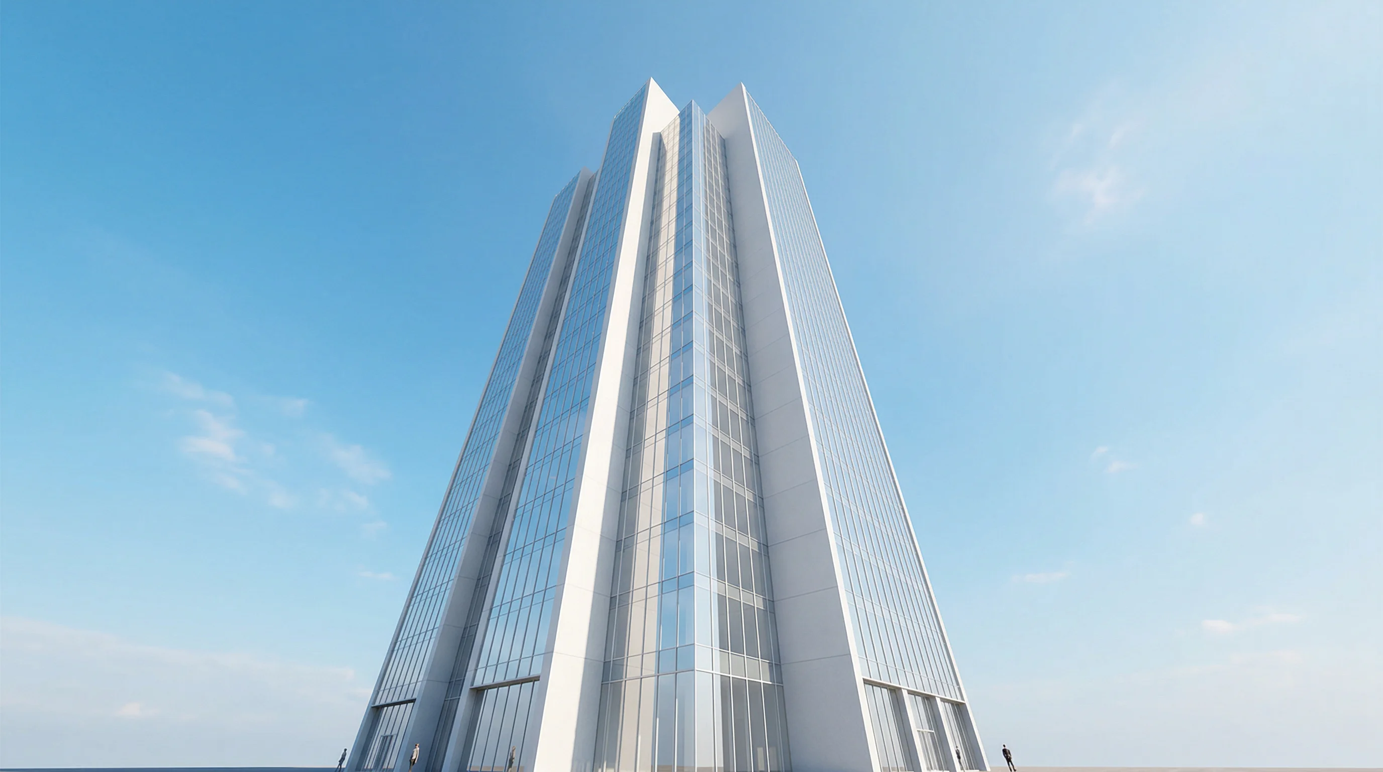 Digital illustration for article section "The Money Behind the Money" in "Palmer Luckey's Erebor Raises $350M at $4.35B Pre-Launch Valuation" - Create an image of a massive, sleek, modernist building representing Lux Capital. It should be shot ...