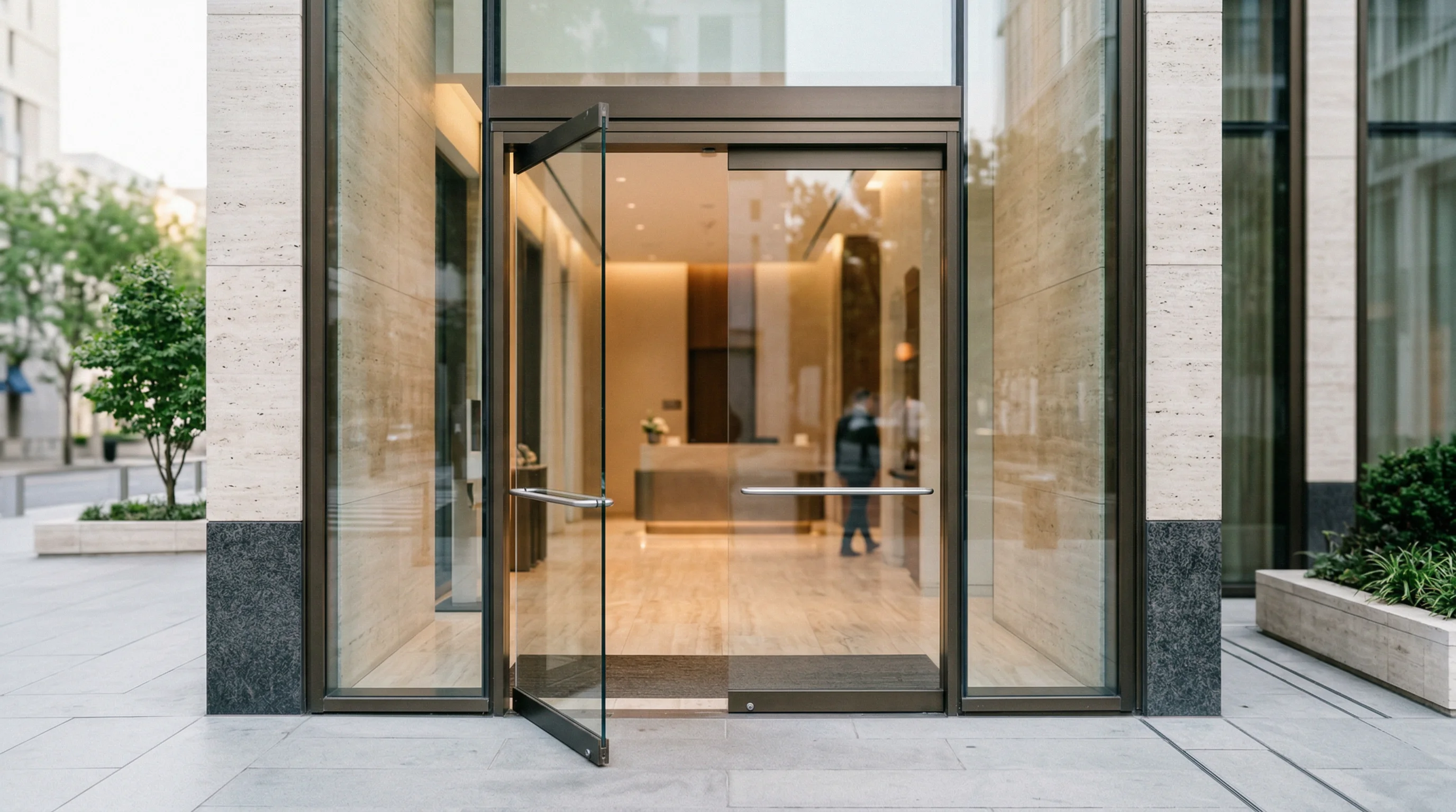 Digital illustration for article section "Launch Capital and Lingering Questions" in "Palmer Luckey's Erebor Raises $350M at $4.35B Pre-Launch Valuation" - Depict a generic, modern bank entrance with glass doors slightly ajar, symbolizing the beginning of ...