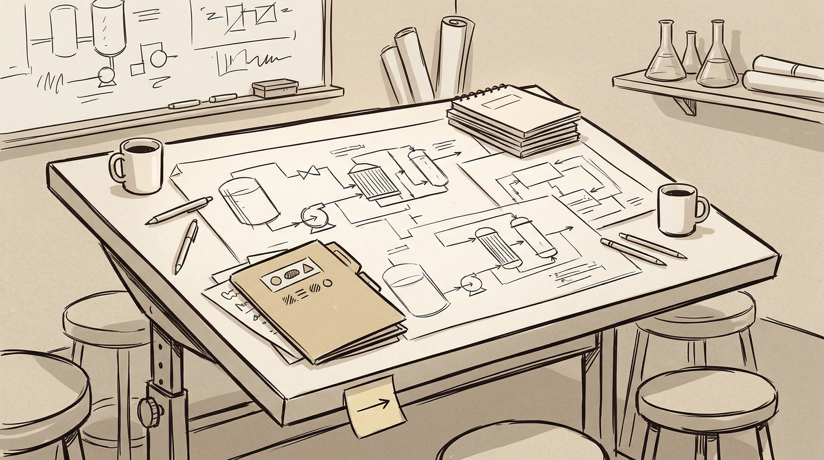 Digital illustration for article section "A Small Team, Big Ambitions" in "Ilion Water Technologies Raises $4.5M for Pressure-Free Desalination" - A hand-drawn sketch illustration depicting a focused startup environment centered on a drafting tabl...