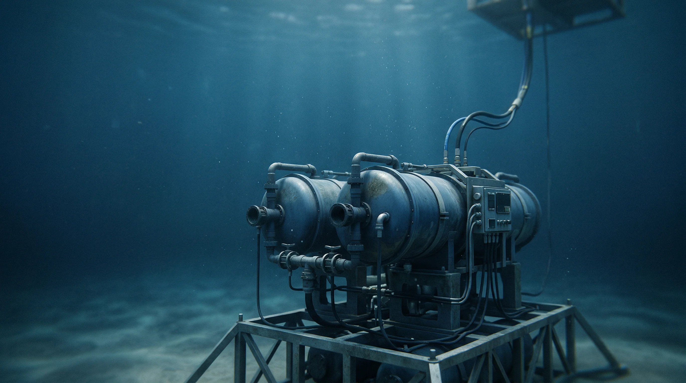 Digital illustration for article section "An Industry Exploring Alternatives" in "Ilion Water Technologies Raises $4.5M for Pressure-Free Desalination" - Generate a realistic image portraying the concept of desalination units being tested. Show underwate...