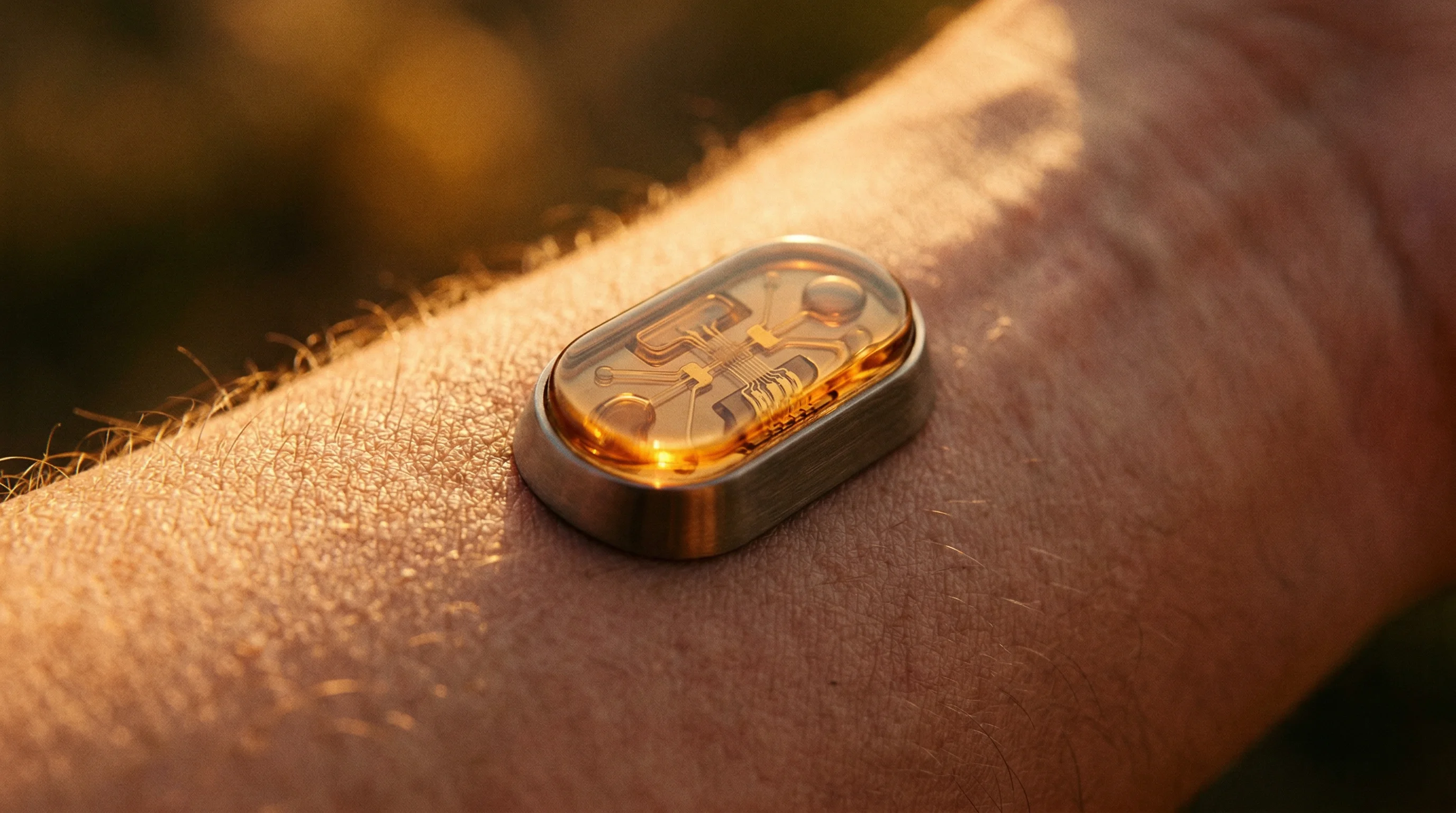 Digital illustration for article section "What Lab-on-Skin Actually Does" in "Xsensio Raises $7M Series A for Lab-on-Skin Biosensing Platform" - A cinematic macro close-up of a sophisticated wearable sensor chip resting gently on the texture of ...
