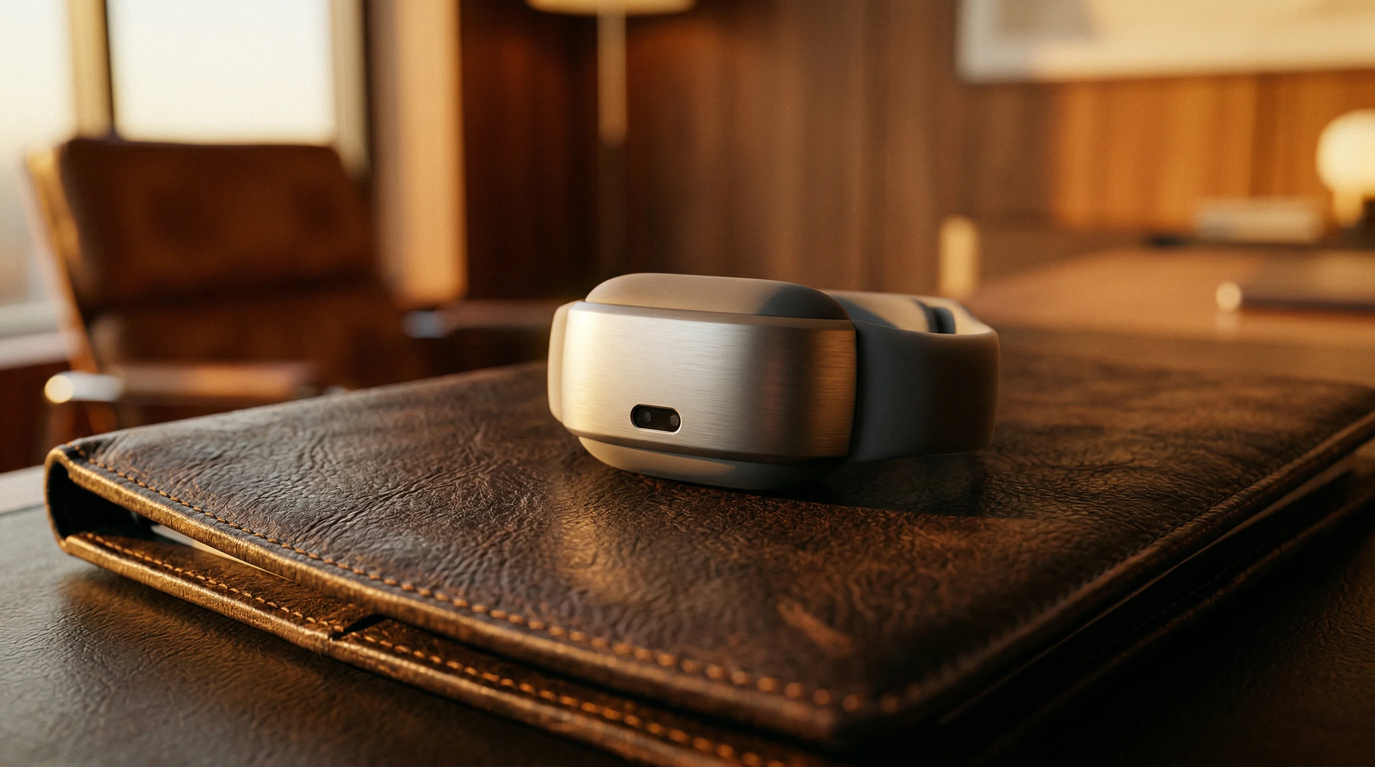 Digital illustration for article section "Mayo Clinic as Credibility Signal" in "Xsensio Raises $7M Series A for Lab-on-Skin Biosensing Platform" - A cinematic close-up composition featuring a sleek, minimalist wearable medical sensor resting secur...