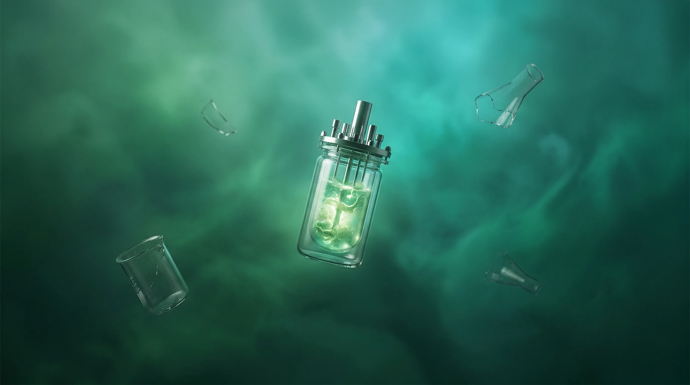 Digital illustration for article section "Beyond the Hype Cycle" in "baCta Raises €7M to Scale Genome-to-Factory AI for Bio-Ingredients" - A conceptual and surrealistic photographic image depicting the delicate state of autonomous biofound...