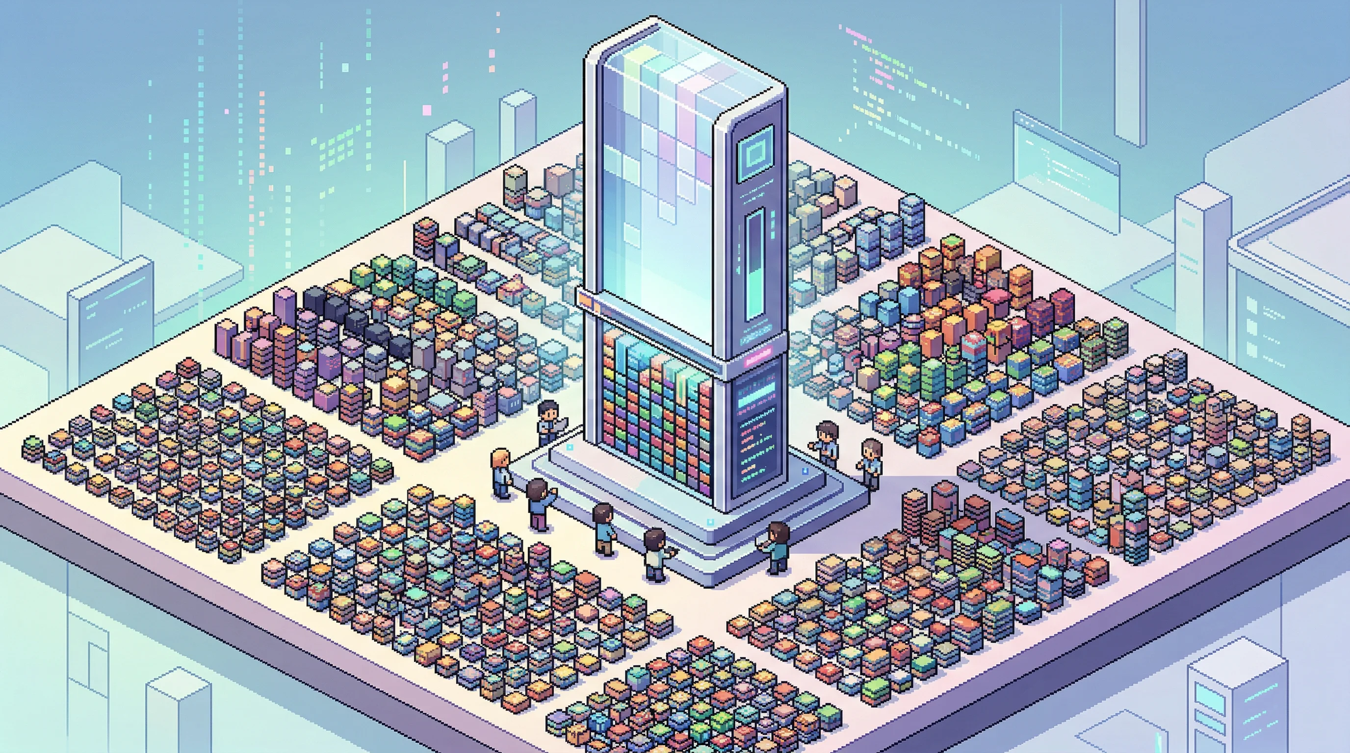 Digital illustration for article section "What Last Year's Competition Revealed" in "How ARC Prize Became the Standard for Testing AI Intelligence" - A detailed isometric pixel art composition representing the results of a major data science competit...