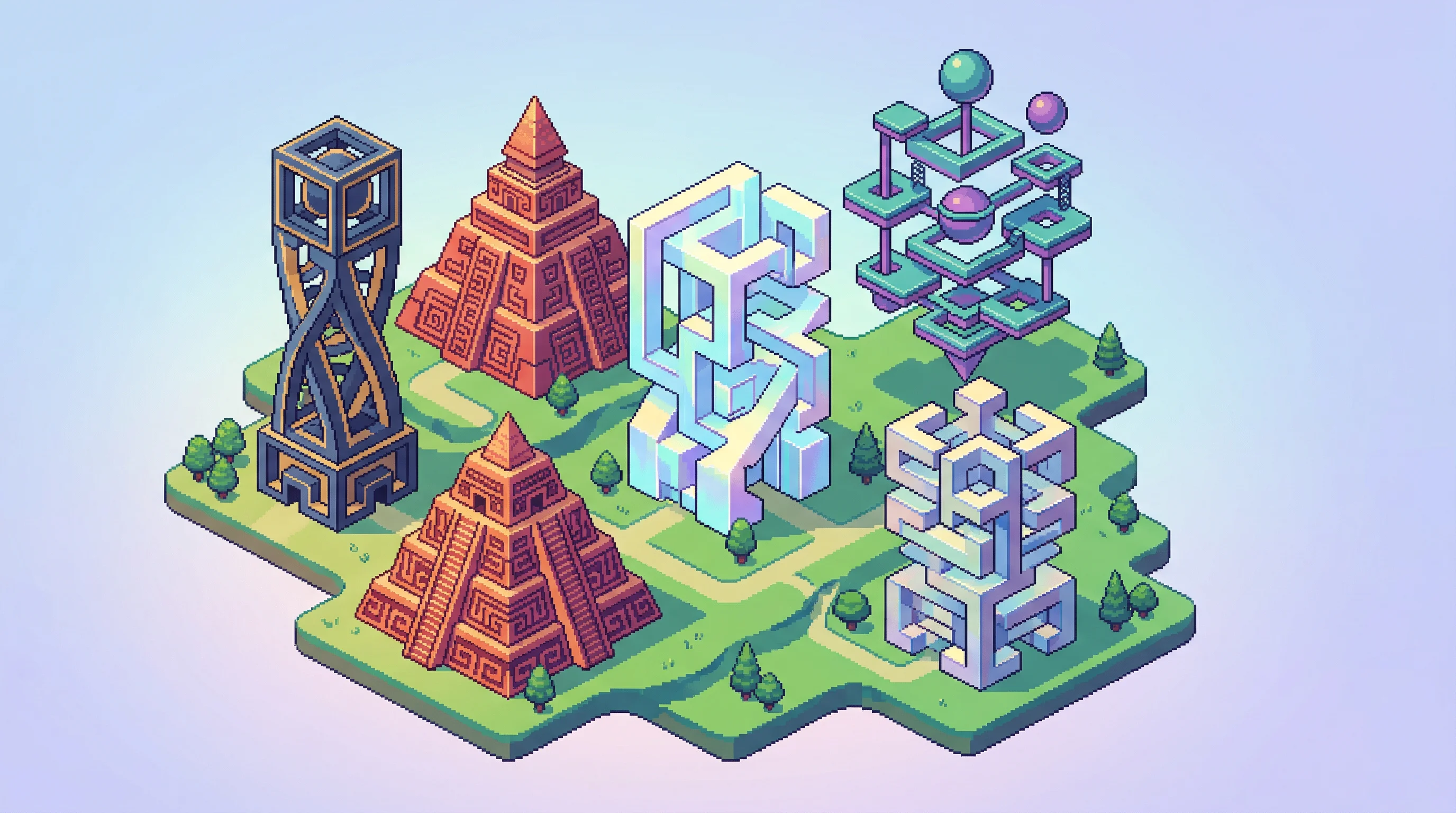 Digital illustration for article section "A Crowded Field" in "How ARC Prize Became the Standard for Testing AI Intelligence" - An isometric pixel art visualization depicting a metaphorical "crowded field" of intelligence evalua...