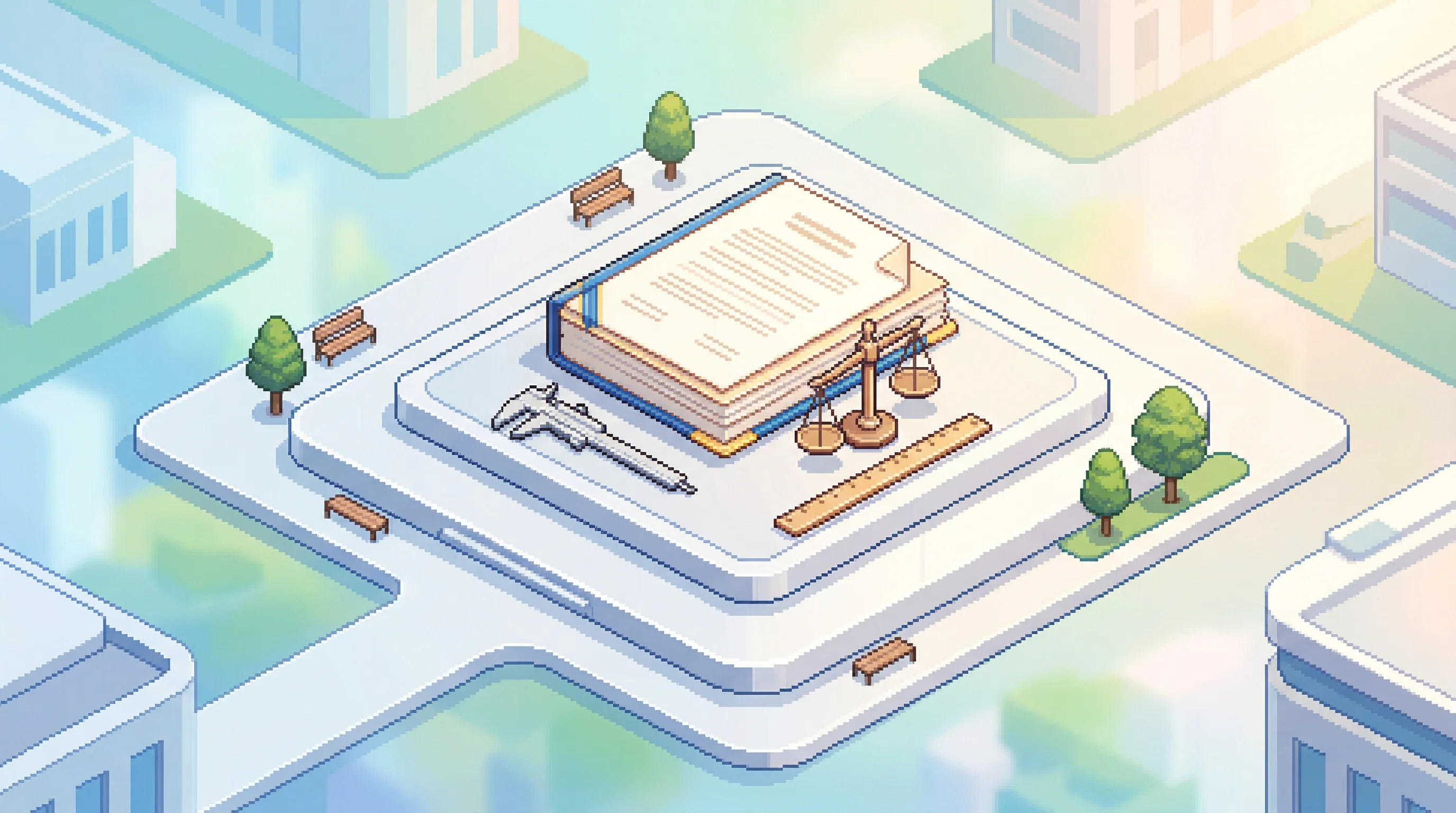 Digital illustration for article section "The Policy Play" in "How ARC Prize Became the Standard for Testing AI Intelligence" - An isometric pixel art composition depicting a centralized federal hub for AI benchmarking, featurin...