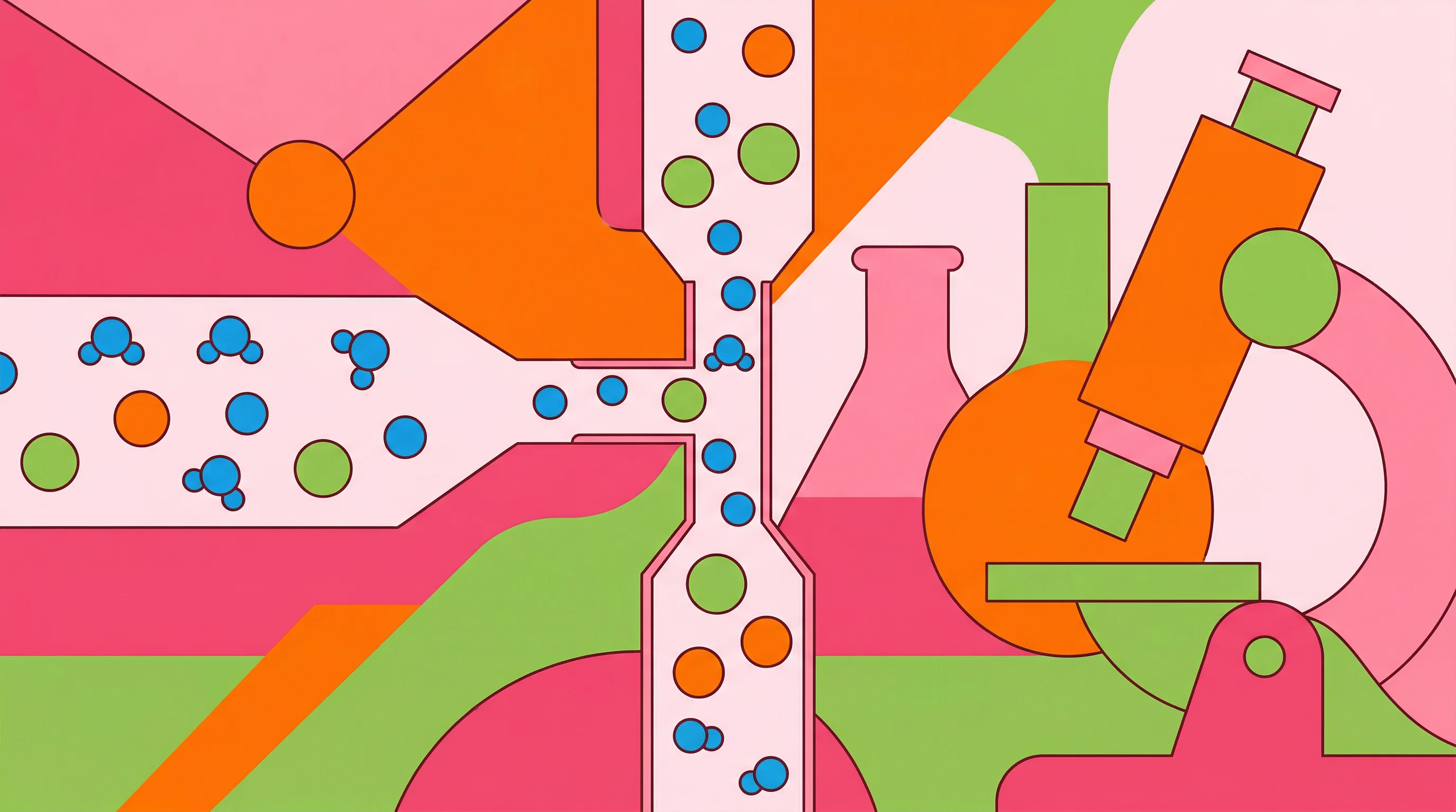 Digital illustration for article section "The Science, and the Leap" in "Voltage Over Pressure: How French Deeptech ilion Aims to Reinvent Desalination" - A vibrant geometric illustration in a flat vector style depicting the abstract concept of nanofluidi...