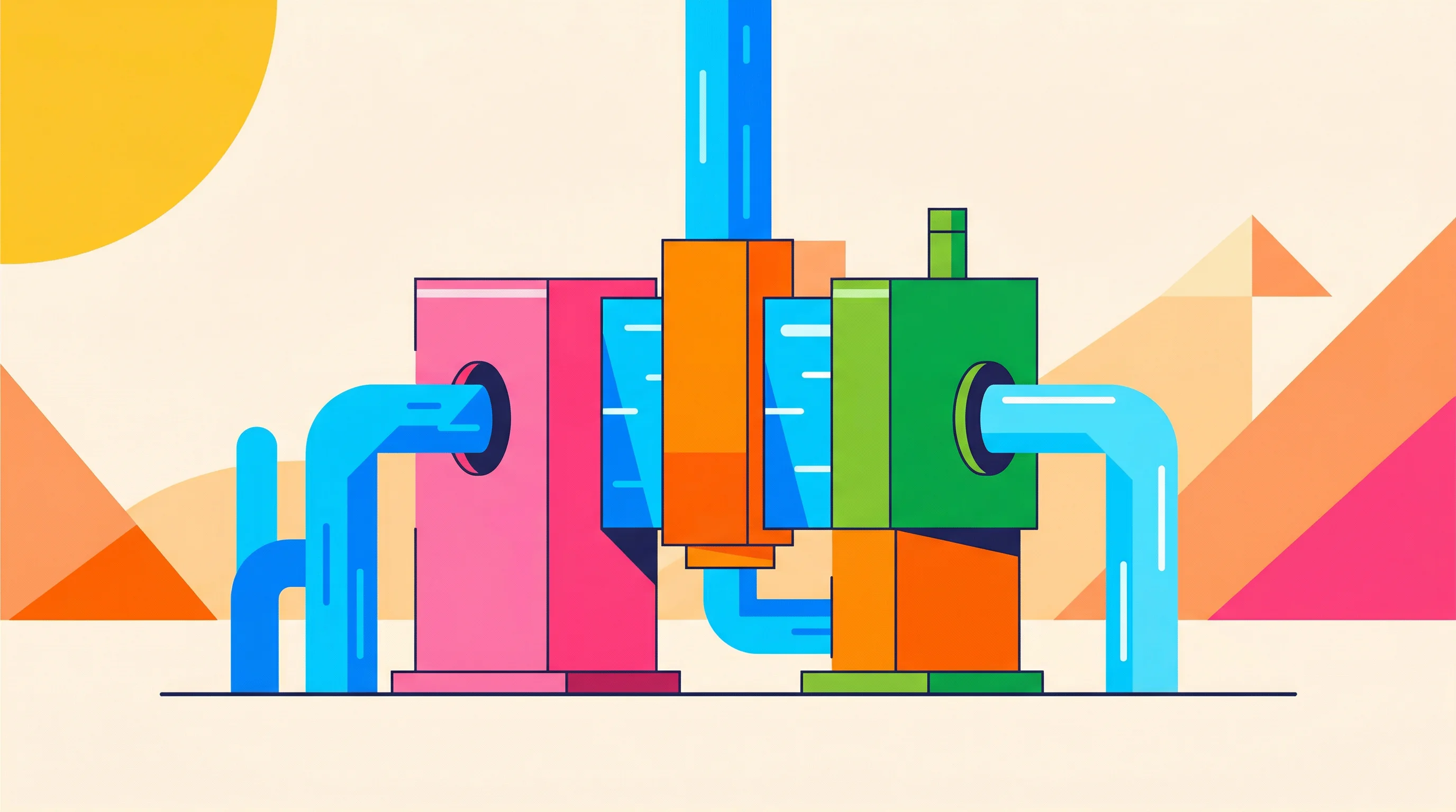 Digital illustration for article section "A Crowded Field of Disruptors" in "Voltage Over Pressure: How French Deeptech ilion Aims to Reinvent Desalination" - A flat vector style illustration depicting an abstract electro-active smart membrane system for wate...