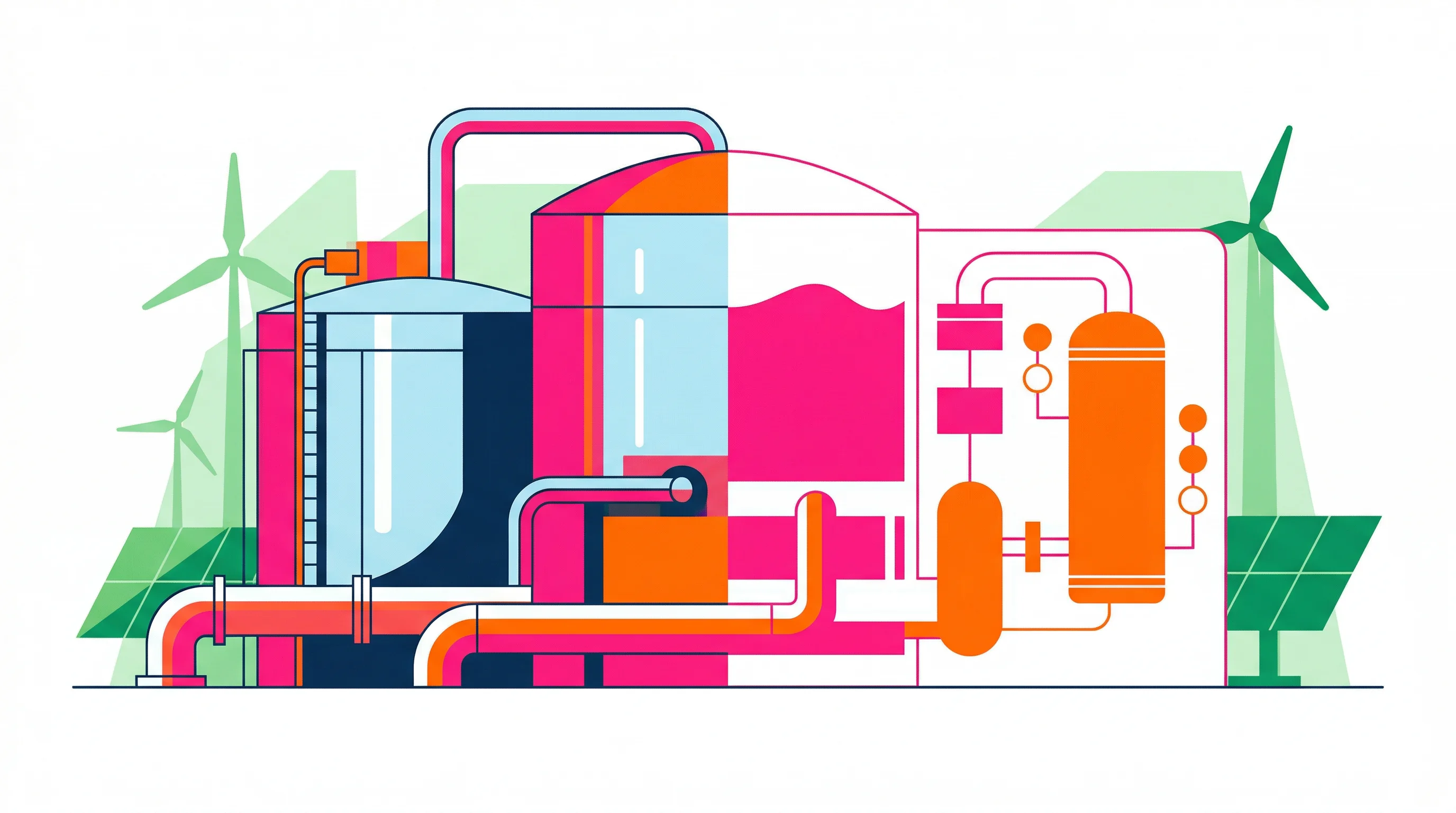 Digital illustration for article section "The Incumbents' Countermove" in "Voltage Over Pressure: How French Deeptech ilion Aims to Reinvent Desalination" - A professional flat vector illustration depicting a modern desalination plant undergoing a digital t...